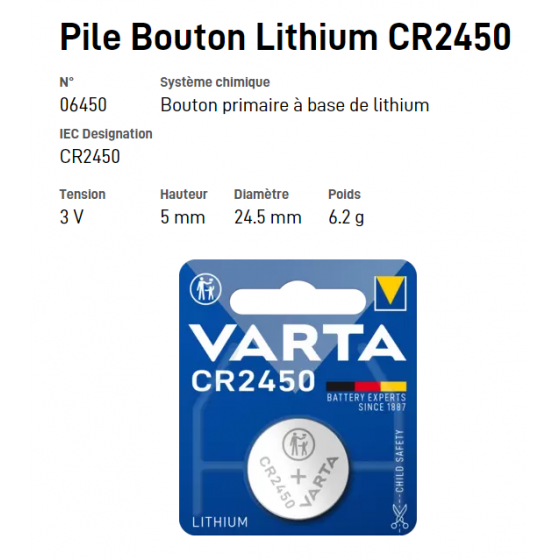 Pile bouton Lithium CR2450 - VARTA