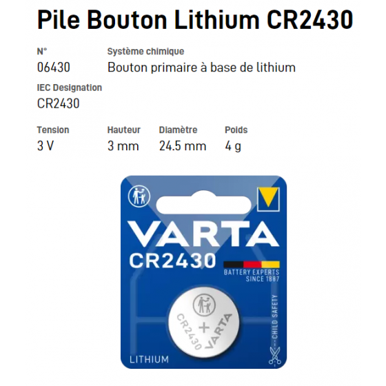 Pile bouton Lithium CR2430 - VARTA