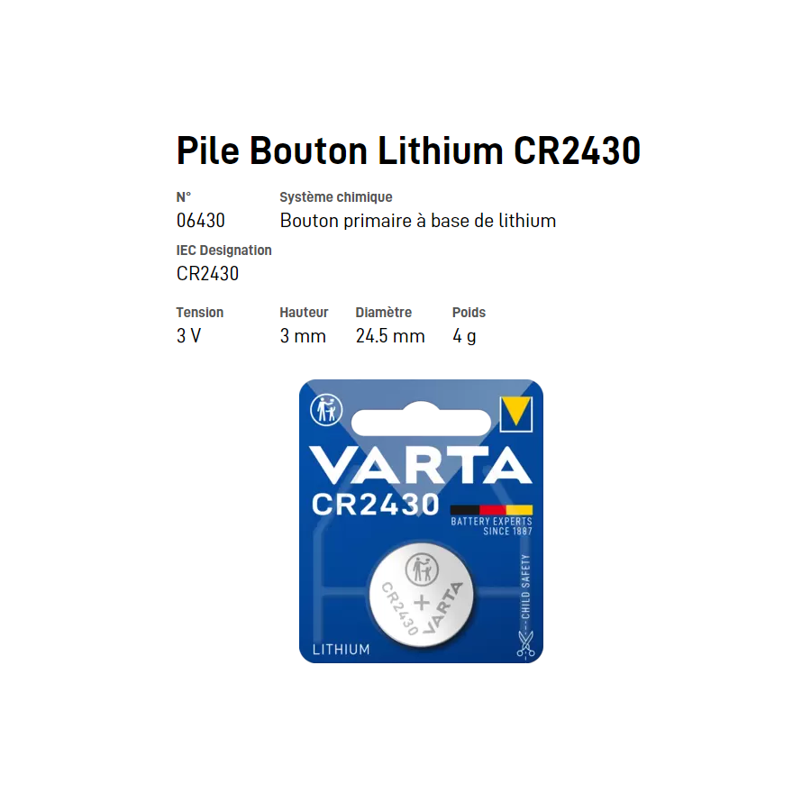 Pile bouton Lithium CR2430 - VARTA