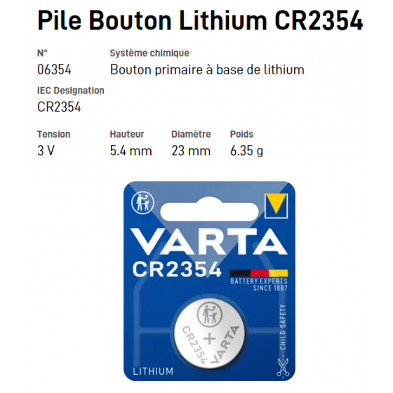 Pile bouton Lithium CR2354 - VARTA