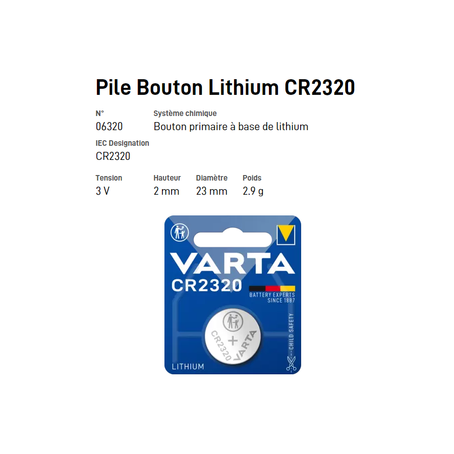 Pile bouton Lithium CR2320 - VARTA