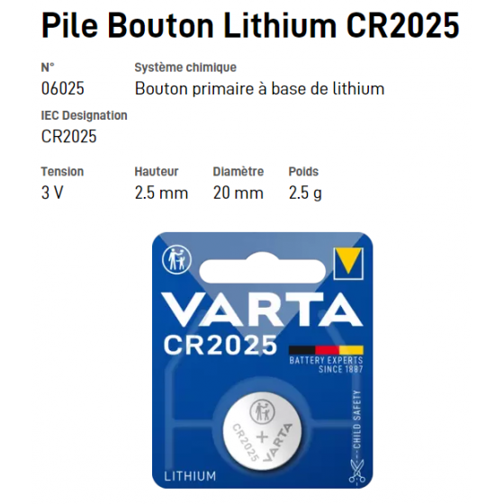 Pile bouton Lithium CR2025 - VARTA