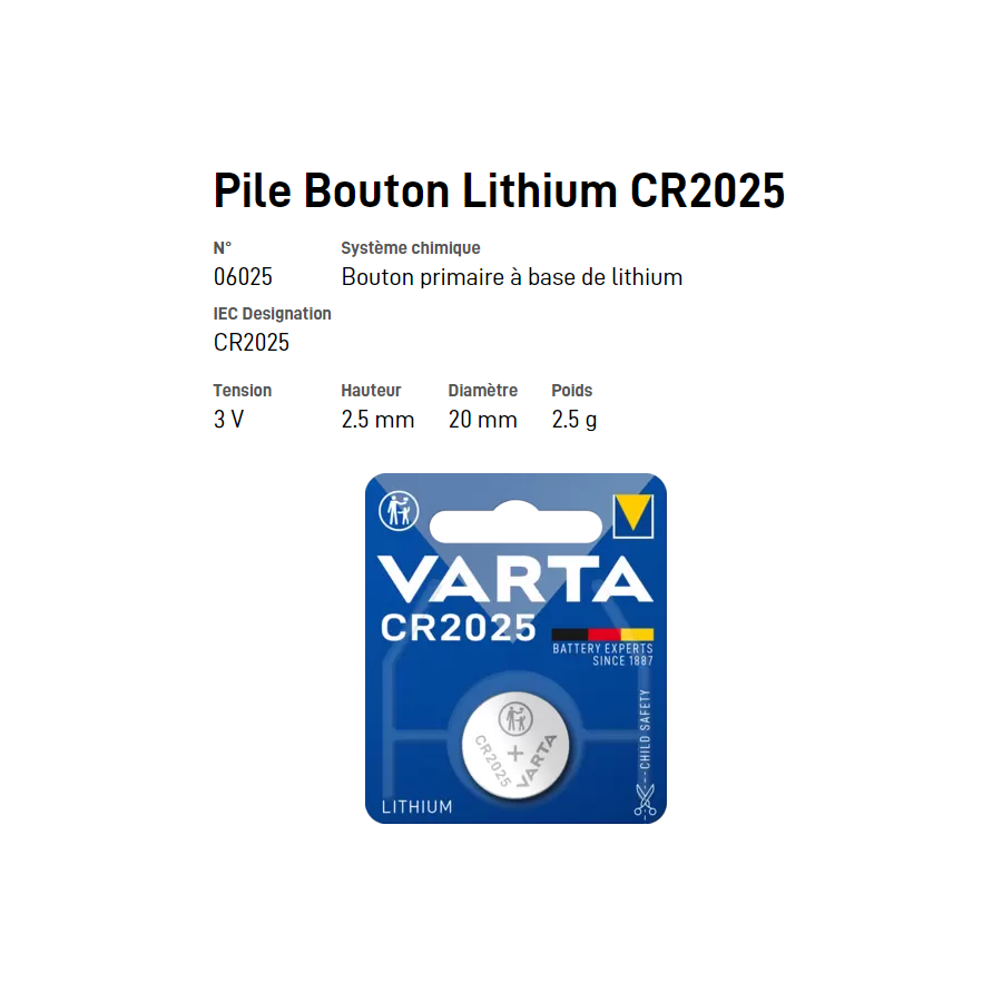 Pile bouton Lithium CR2025 - VARTA