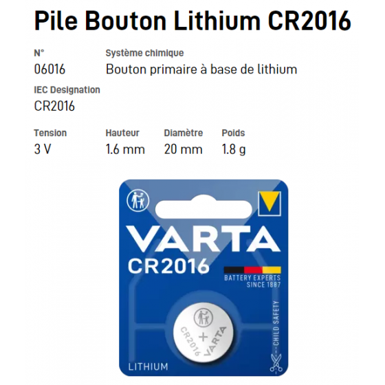 Pile bouton Lithium CR2016 - VARTA