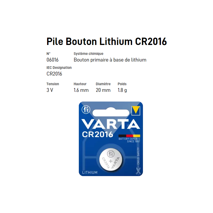 Pile bouton Lithium CR2016 - VARTA