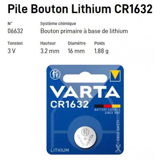 Pile bouton Lithium CR1632 - VARTA