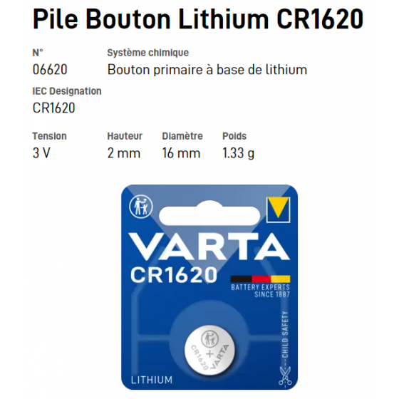 Pile bouton Lithium CR1620 - VARTA