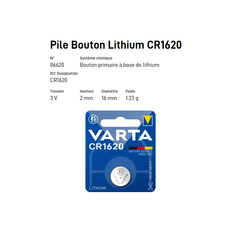 Pile bouton Lithium CR1620 - VARTA