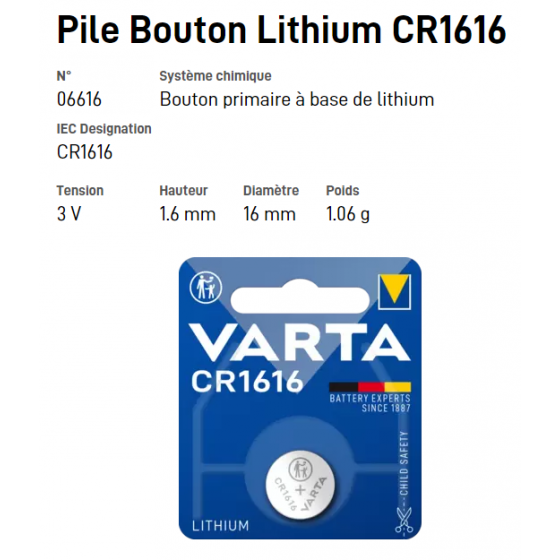 Pile bouton Lithium CR1616 - VARTA