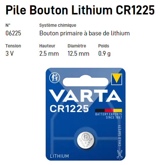 Pile bouton Lithium CR1225 - VARTA