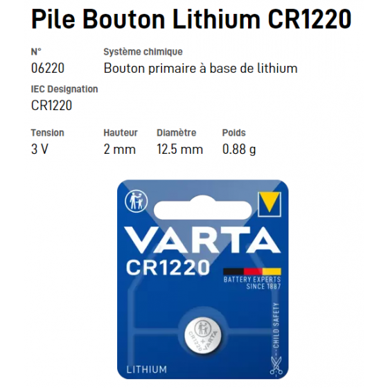 Pile bouton Lithium CR1220 - VARTA