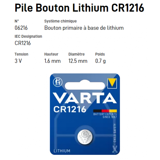 Pile bouton Lithium CR1216 - VARTA