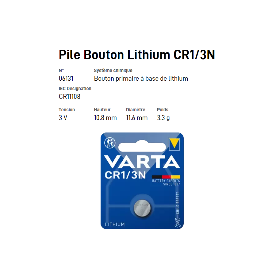Pile bouton Lithium CR1/3N - VARTA