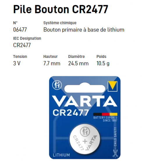 Pile bouton Lithium CR2477 - VARTA