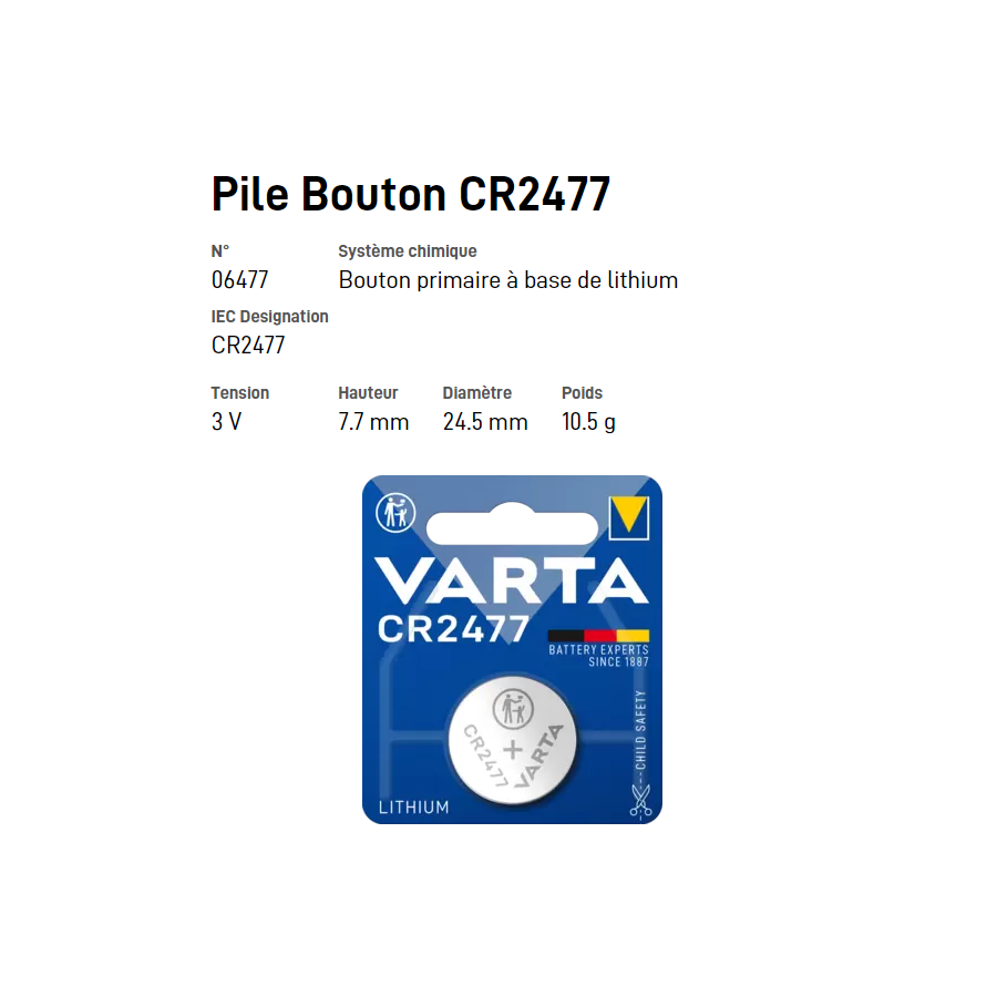 Pile bouton Lithium CR2477 - VARTA