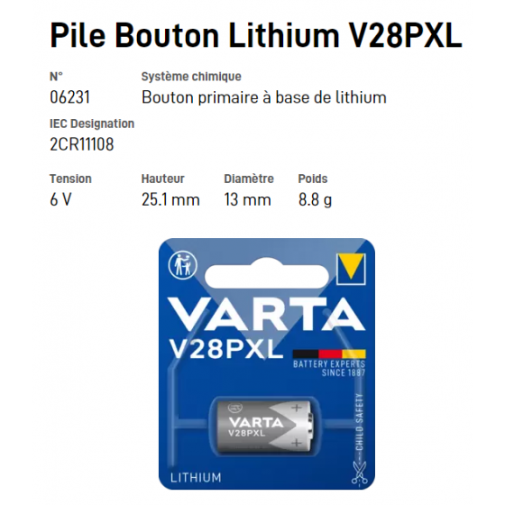 Pile Cylindrique Lithium V28PXL - VARTA