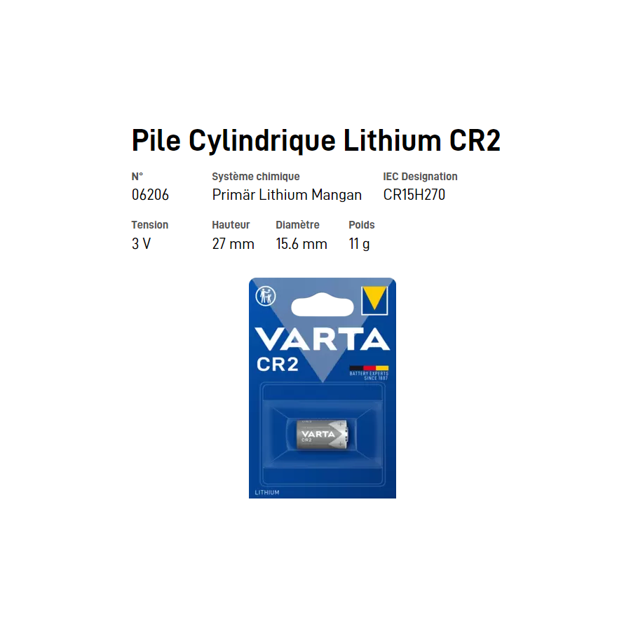 Pile Cylindrique Lithium CR2 - VARTA