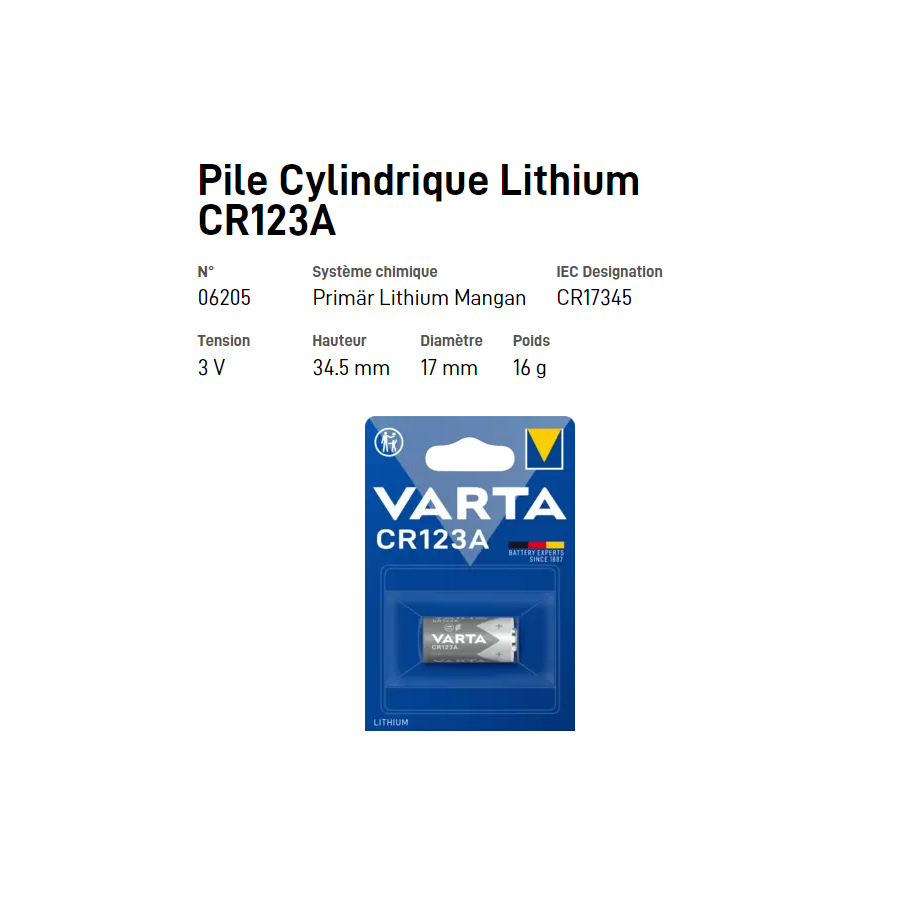 Pile Cylindrique Lithium CR123A - VARTA