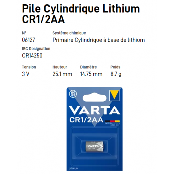 Pile Cylindrique Lithium CR1/2AA - VARTA
