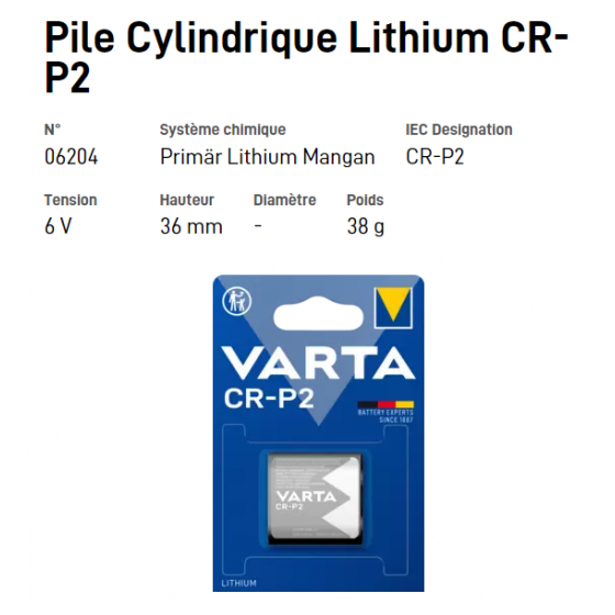 Pile Cylindrique Lithium CR-P2 - VARTA