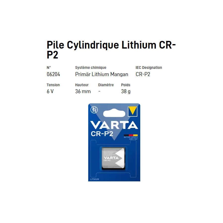Pile Cylindrique Lithium CR-P2 - VARTA