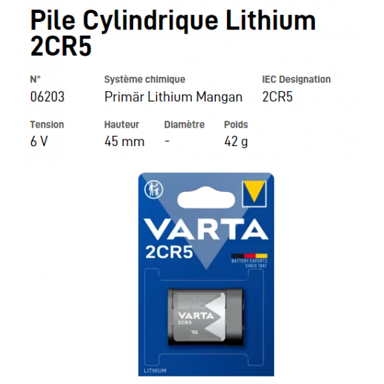 Pile Cylindrique Lithium 2CR5 - VARTA