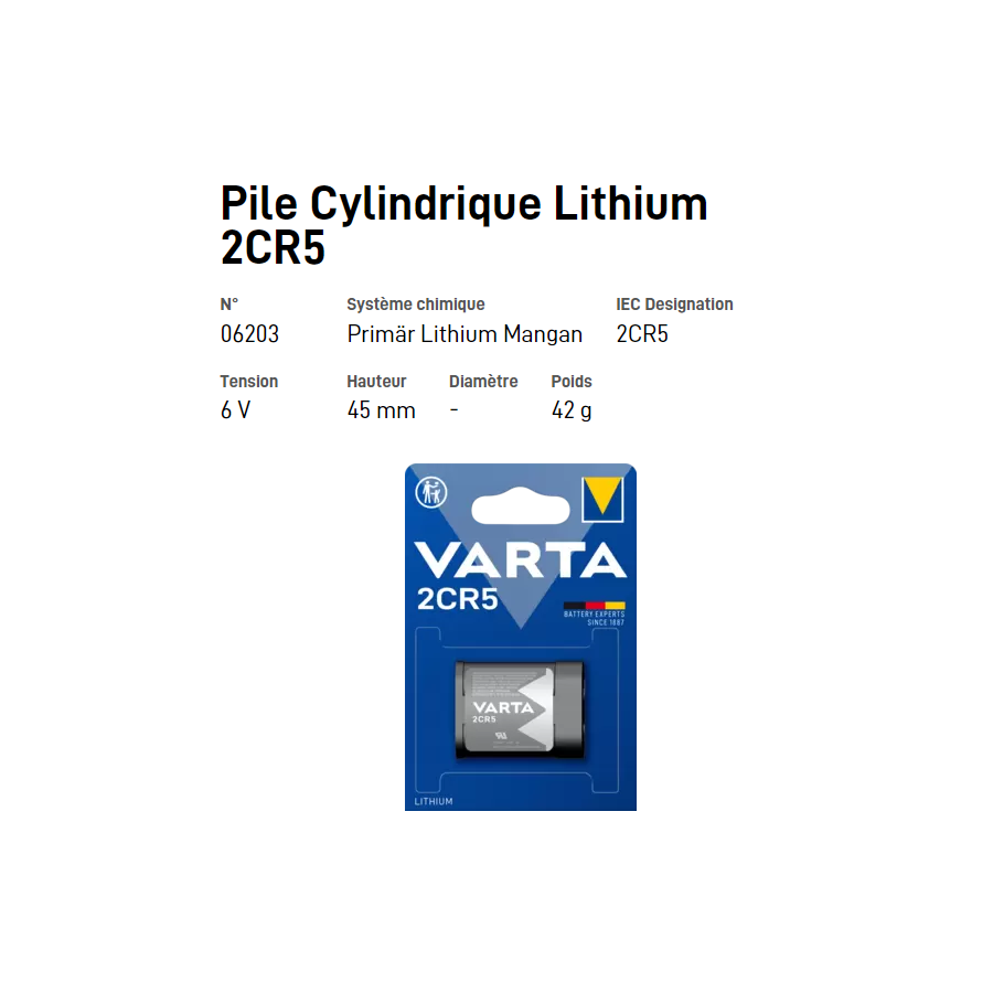 Pile Cylindrique Lithium 2CR5 - VARTA