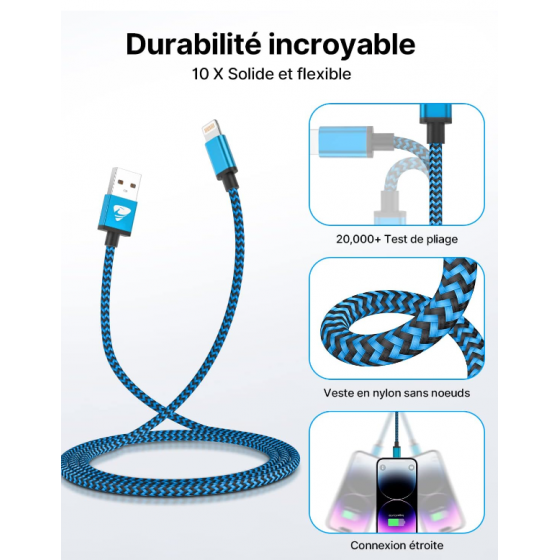 Câble USB Lightning 3m tressé incassable pour iPhone et iPad – Bleu