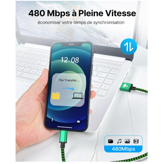Câble USB Lightning 3m tressé incassable pour iPhone et iPad – Bleu