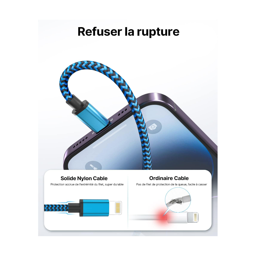 Câble USB Lightning 3m tressé incassable pour iPhone et iPad – Bleu