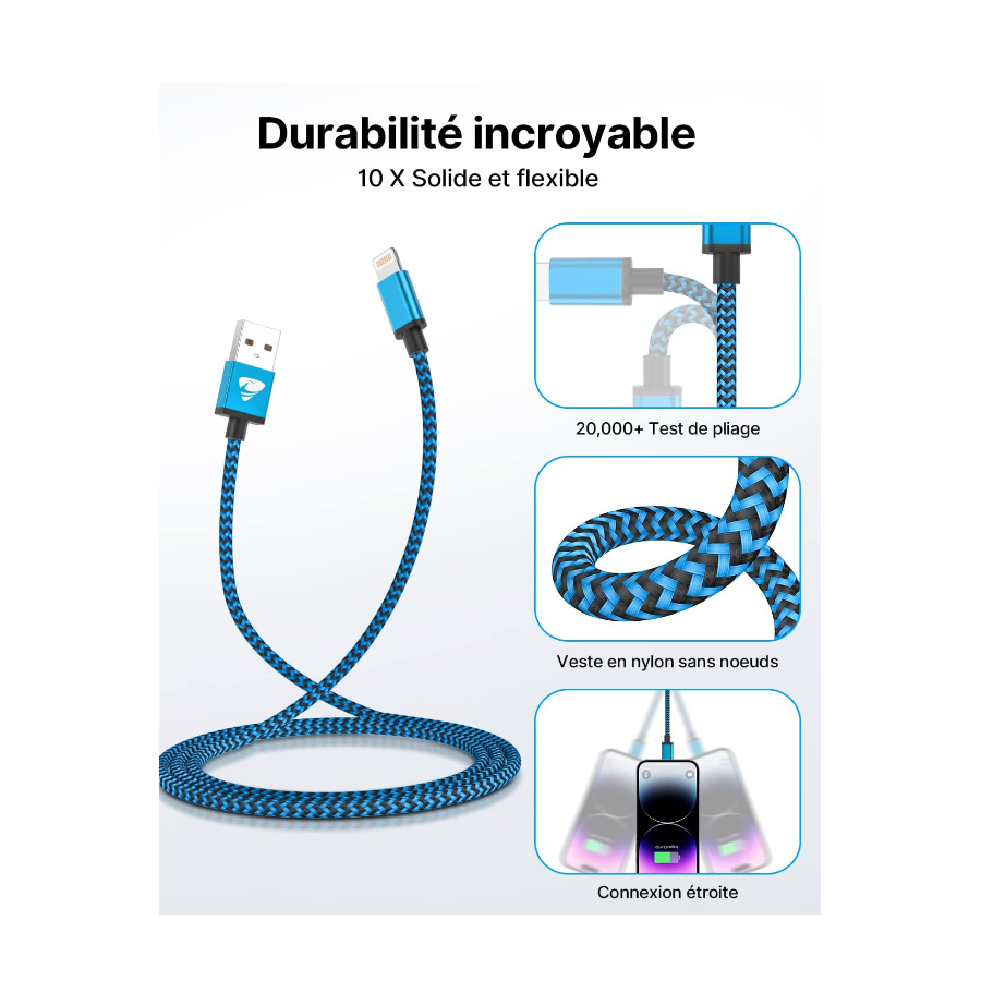 Câble USB Lightning 3m tressé incassable pour iPhone et iPad – Bleu