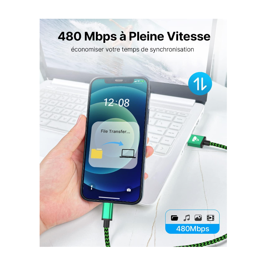 Câble USB Lightning 3m tressé incassable pour iPhone et iPad – Bleu
