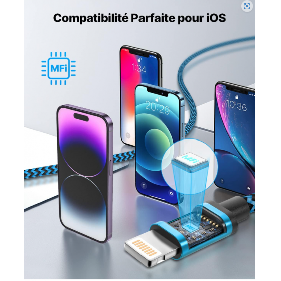 Câble USB Lightning 3m tressé incassable pour iPhone et iPad – Bleu