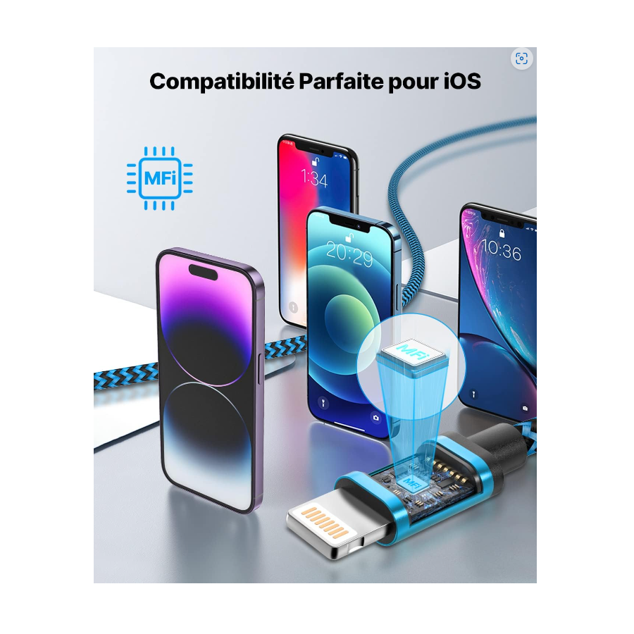 Câble USB Lightning 3m tressé incassable pour iPhone et iPad – Bleu