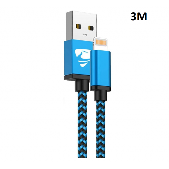Câble USB Lightning 3m tressé incassable pour iPhone et iPad – Bleu