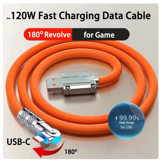 Câble de Charge Rapide USB Type C 120W 7A, Coude Rotatif Résistant à 180