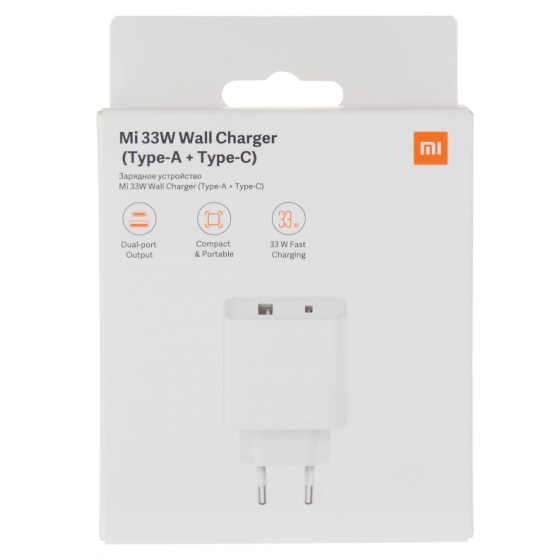 Chargeur secteur Original Xiaomi, USB + USB-C 33W - Blanc