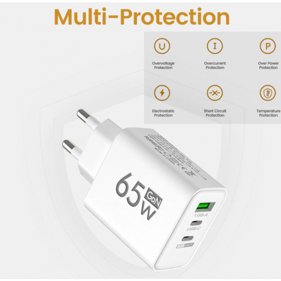 Chargeur secteur USB + 2 USB-C, 65W - Blanc