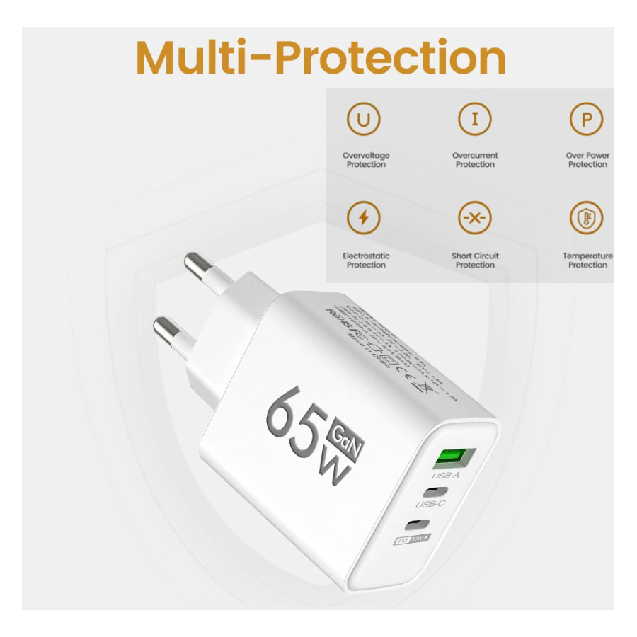 Chargeur secteur USB + 2 USB-C, 65W - Blanc