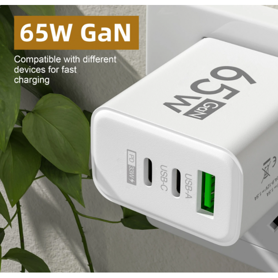 Chargeur secteur USB + 2 USB-C, 65W - Blanc