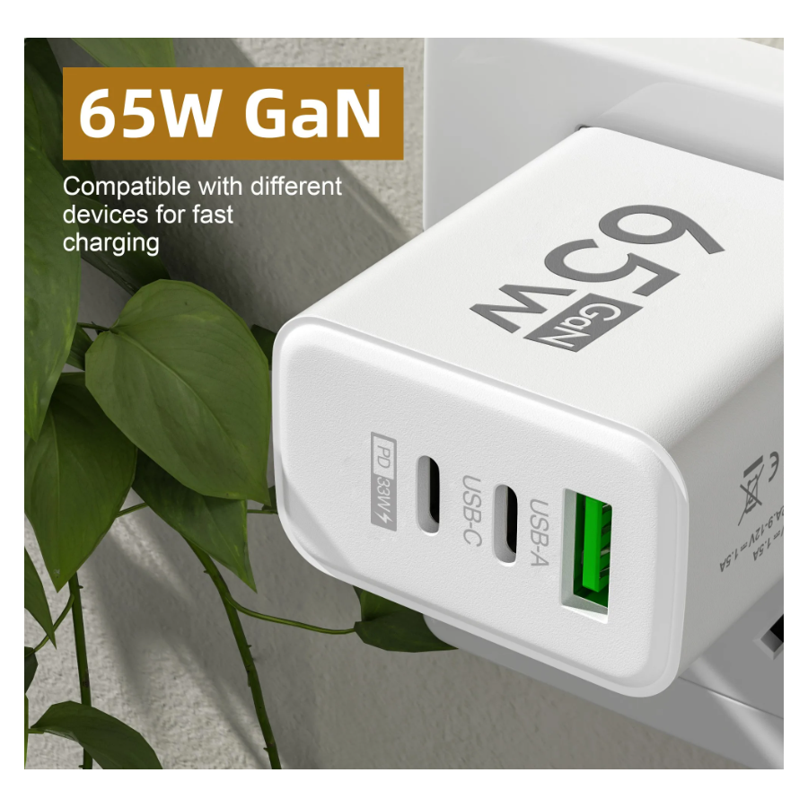 Chargeur secteur USB + 2 USB-C, 65W - Blanc
