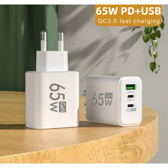 Chargeur secteur USB + 2 USB-C, 65W - Blanc