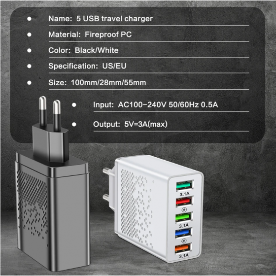Chargeur secteur Rapide 5 port USB 65W - Noire