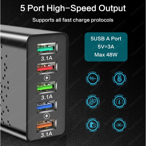Chargeur secteur Rapide 5 port USB 65W - Noire