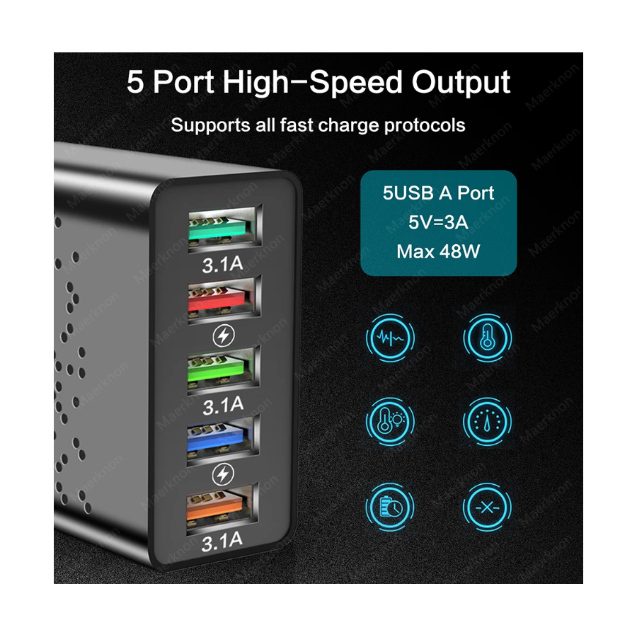 Chargeur secteur Rapide 5 port USB 65W - Noire