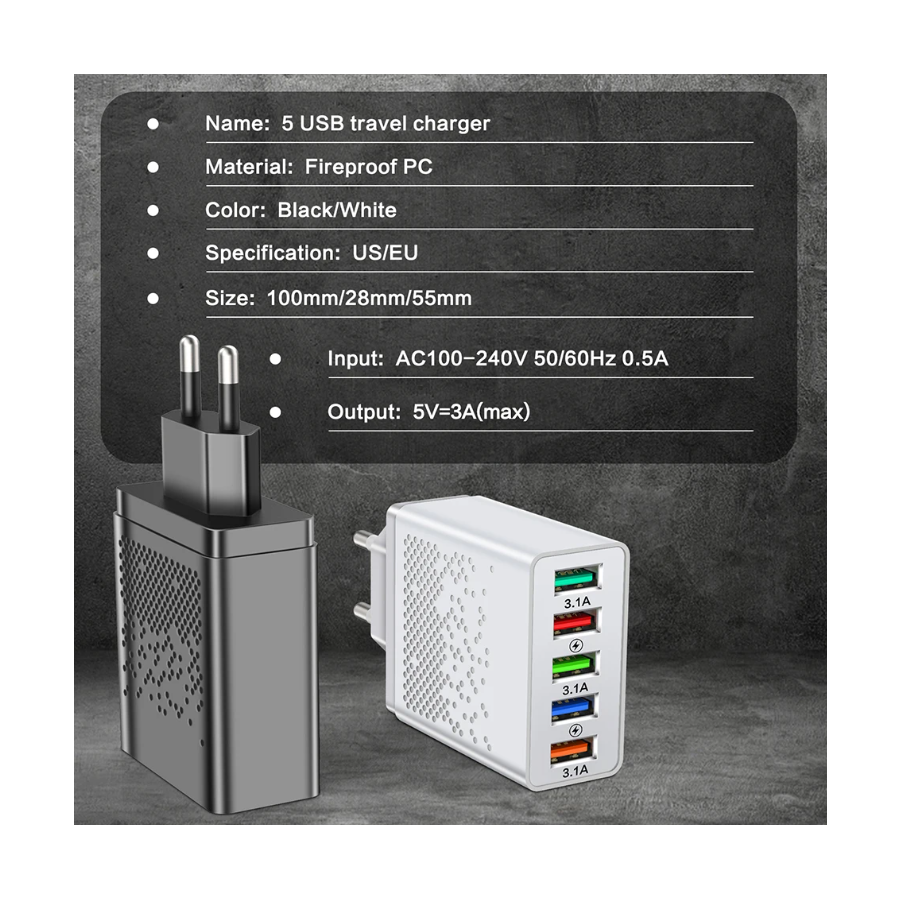 Chargeur secteur Rapide 5 port USB 65W - Noire
