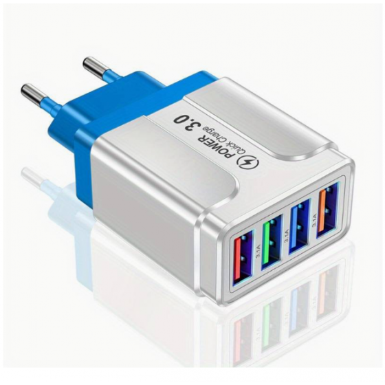 Chargeur secteur Rapide 15W 4 port USB - Bleu
