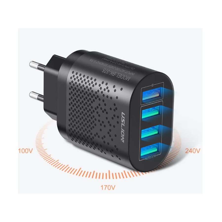Chargeur secteur Rapide 4 port USB 48W - Noir