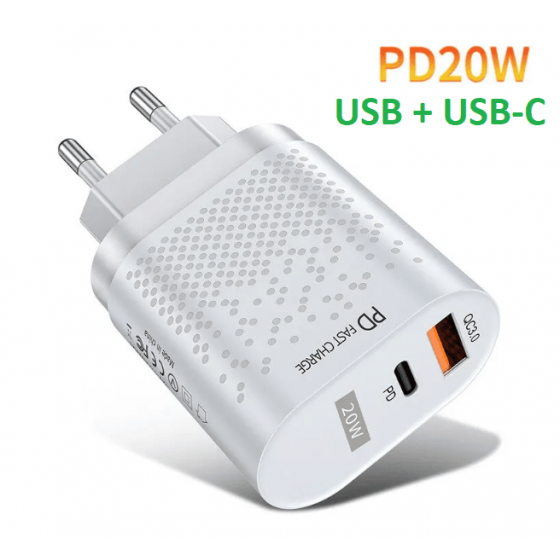 Chargeur secteur USB + USB-C, 20W - Blanc