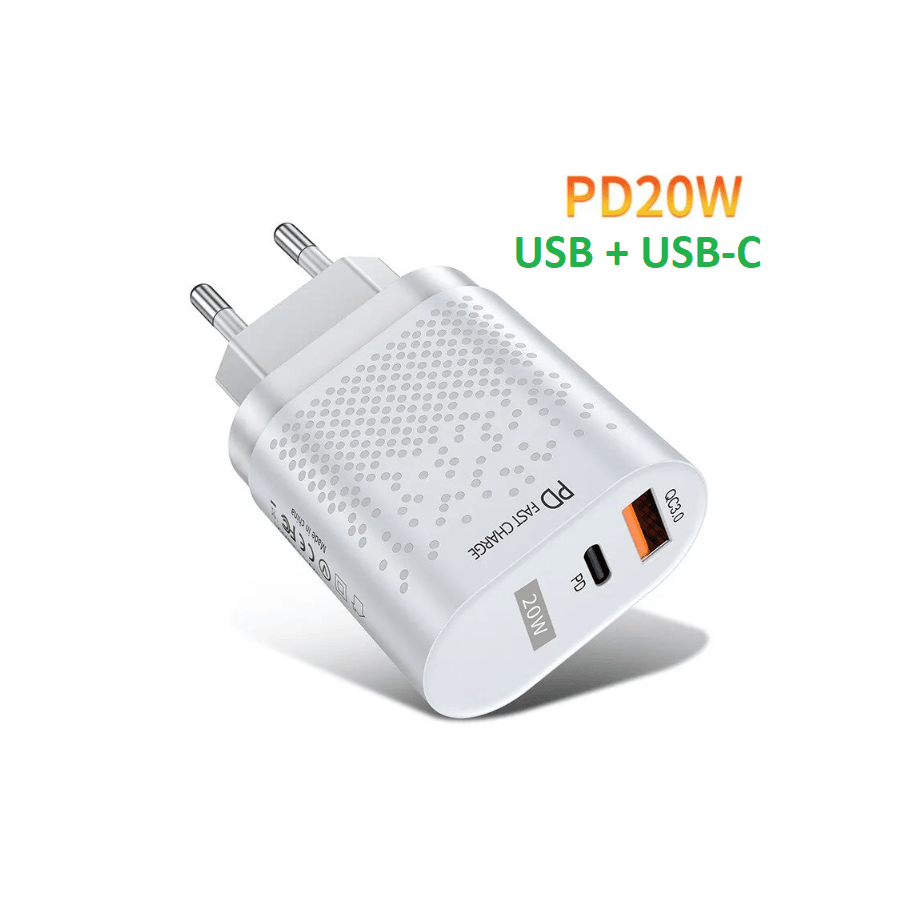Chargeur secteur USB + USB-C, 20W - Blanc
